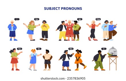 Subject pronouns set. Little boys and girls communicate. Schoolchildren interact. Educational materials for school. Cartoon flat vector collection isolated on white background