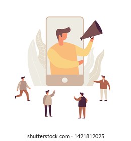 Subject referral program. Man with megaphone speaks from screen of smartphone for people standing nearby. Concept of program "Bring a friend." Vector flat illustration on white isolated background.