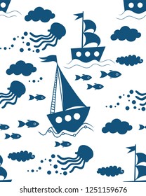 Subject sea. Flat style. One color. Ships and marine inhabitants. Cartoon style. Cute drawings on a white background. Vector graphics. Illustration on the marine theme. Seamless background. Sailboat.
