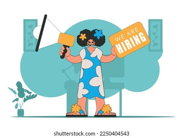 Subject Sphere of human resources. A girl with a megaphone, symbolizing the search for people in the labor market.