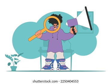 Subject Sphere of human resources. Guy with a megaphone. labor market.