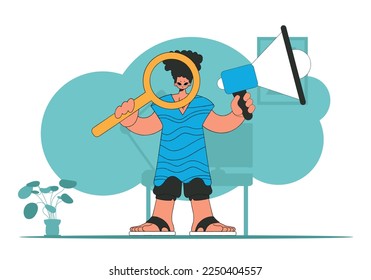 Subject Sphere of human resources. A guy with a megaphone, symbolizing the search for people in the labor market.