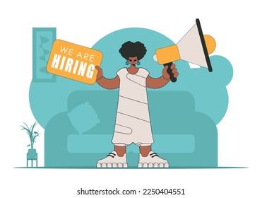 Subject Sphere of human resources. A woman is holding a megaphone in her hands.
