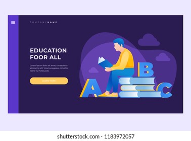 Subject of training, reading books, visiting library. Image of reading person surrounded by books and alphabet. Self-learning. Reading in public places. Title for website. Homepage. Vector flat image.