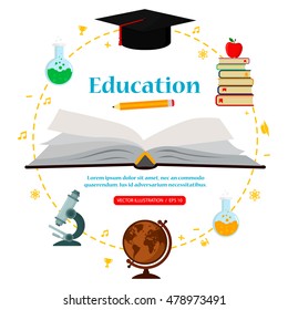 Subjects education on white background around open book, concept of education. Vector illustration