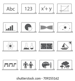 subjects icon education concept, class room, blackboard and subjects icon, language, mathematics, biology, physics, chemistry, sport, music, physical, art, plant.