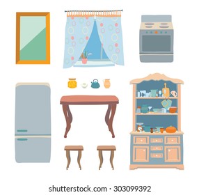 Subjects of an interior kitchen. Table, stools, window, fridge, stove, cupboards with a lot of kitchen utensils. Editable Vector illustration.
