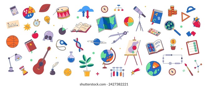 Subjects in school or college, isolated flat cartoon icons for disciplines. Vector disciplines for students. Geography and math, English and art, physical education and physics, geology and biology