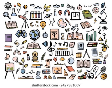 Subjects in school or university, doodles of disciplines. Vector flat cartoon style, icons of books and globe. Telescope and mathematics tools, microscope and plants, physical education sports