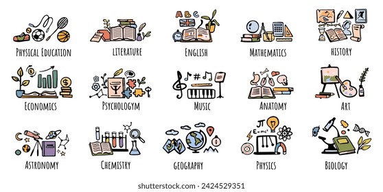 Subjects for school or university. Vector flat cartoon icons for students curriculum. Education and knowledge gaining. Physical education and economics, literature and English, mathematics and history