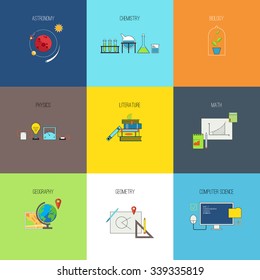 Subjects for study. Astronomy, chemistry, biology, physics, literature, math, geography, geometry, computer science. Flat line vector icons set