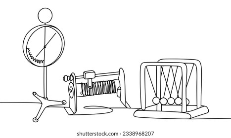 Subjects for studying physics at school. Electrometer, rheostat and Newton's cradle. Knowledge Day. International Literacy Day. One line drawing for different uses. Vector illustration.