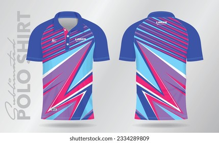 Sublimation blue purple pink Polo Shirt mockup template design for badminton jersey, tennis, soccer, football or sport uniform