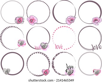 Sublimation frames with poppy flowers.Set. Round with an empty center. Coffee color. For printing on mugs, T-shirts, postcards. Templates