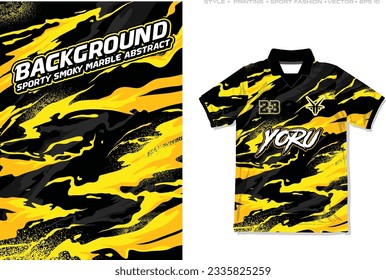 Sublimation jersey design background, sporty smoke marble abstract pattern water fire paint template, black yellow stripe striking grain effect soccer football basketball netball volleyball running