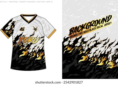 Sublimación Jersey Diseño Deportivo Abstracto Fuego Quemar Líquido Lava Patrón Fondo Halftone Textura de mármol Ilustración vectorial Llama Oro Negro