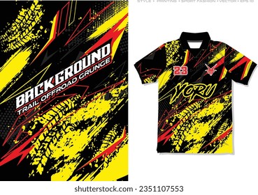 Sublimation jersey design vector illustration grunge vector sporty yellow black red offroad tyre trail mark stripe grunge truck adventure sport shirt background