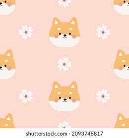 Sublimationstext kawaii shiba inu Hund mit Sakurarena-Blumen auf rosafarbenem Hintergrund, nahtlose Muster-Designs