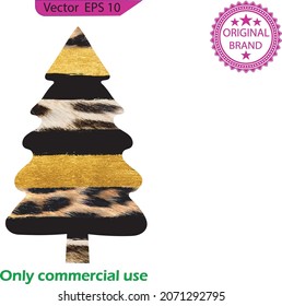 Sublimation Tree Clipart , Christmas tree design with leopard skin texture, glitter gold brush stroke