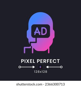 Subliminal advertising purple solid gradient desktop icon on black. Consumer behavior. Marketing message. Pixel perfect 128x128, outline 4px. Glyph pictogram for dark mode. Isolated vector image