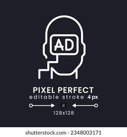 Subliminal advertising white linear desktop icon on black. Consumer behavior. Marketing message. Pixel perfect 128x128, outline 4px. Isolated user interface symbol for dark theme. Editable stroke