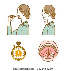 Sublingual immunotherapy image set for hay fever (a woman administers cedar pollen extract tablets)