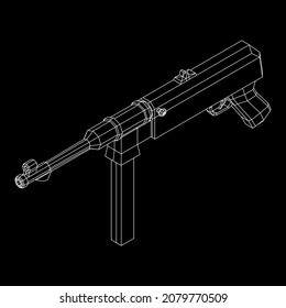 Submachine gun firearms pistol. Wireframe low poly mesh vector illustration.