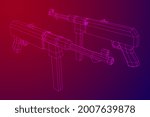 Submachine gun german MP 40 world war 2 firearms pistol. Wireframe low poly mesh vector illustration.
