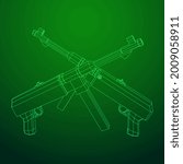 Submachine gun german MP 40 world war 2 firearms pistol. Wireframe low poly mesh vector illustration.