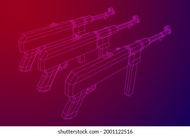 Submachine gun german MP 40 world war 2 firearms pistol. Wireframe low poly mesh vector illustration.