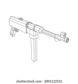 Subametralladora alemana MP 40 mundial 2 pistola de armas de fuego. Ilustración vectorial de malla baja de malla de malla de alambre.