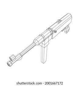 Subametralladora alemana MP 40 mundial 2 pistola de armas de fuego. Ilustración vectorial de malla baja de malla de malla de alambre.