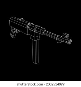 Submachine gun german MP 40 world war 2 firearms pistol. Wireframe low poly mesh vector illustration.