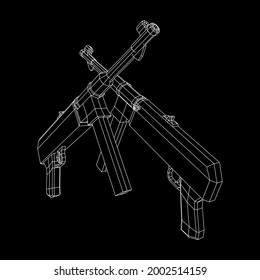 Subametralladora alemana MP 40 mundial 2 pistola de armas de fuego. Ilustración vectorial de malla baja de malla de malla de alambre.