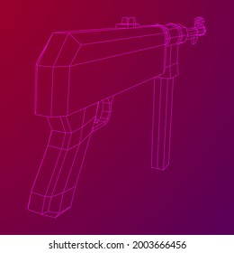 Submachine gun german MP 40 world war 2 firearms pistol. Wireframe low poly mesh vector illustration.