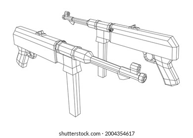 Submachine gun german MP 40 world war 2 firearms pistol. Wireframe low poly mesh vector illustration.