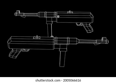 Subametralladora alemana MP 40 mundial 2 pistola de armas de fuego. Ilustración vectorial de malla baja de malla de malla de alambre.
