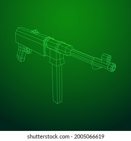 Submachine gun german MP 40 world war 2 firearms pistol. Wireframe low poly mesh vector illustration.