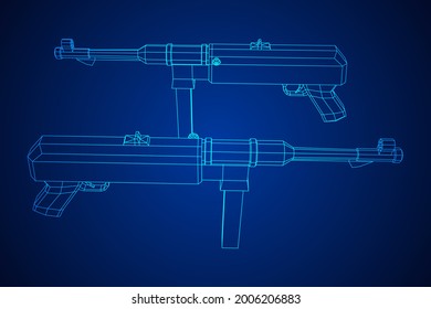 Subametralladora alemana MP 40 mundial 2 pistola de armas de fuego. Ilustración vectorial de malla baja de malla de malla de alambre.