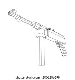 Subametralladora alemana MP 40 mundial 2 pistola de armas de fuego. Ilustración vectorial de malla baja de malla de malla de alambre.