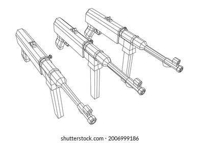 Subametralladora alemana MP 40 mundial 2 pistola de armas de fuego. Ilustración vectorial de malla baja de malla de malla de alambre.