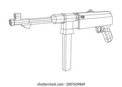Subametralladora alemana MP 40 mundial 2 pistola de armas de fuego. Ilustración vectorial de malla baja de malla de malla de alambre.