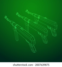 Submachine gun german MP 40 world war 2 firearms pistol. Wireframe low poly mesh vector illustration.