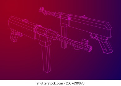 Subametralladora alemana MP 40 mundial 2 pistola de armas de fuego. Ilustración vectorial de malla baja de malla de malla de alambre.
