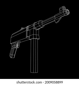 Submachine gun german MP 40 world war 2 firearms pistol. Wireframe low poly mesh vector illustration.
