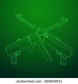 Subametralladora alemana MP 40 mundial 2 pistola de armas de fuego. Ilustración vectorial de malla baja de malla de malla de alambre.