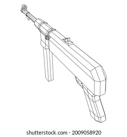Submaschinengewehr MP 40 Weltkrieg 2 Feuerwaffenpistole. Wireframe Low-Poly-Mesh, Vektorgrafik.