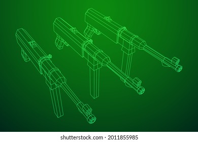 Subametralladora alemana MP 40 mundial 2 pistola de armas de fuego. Ilustración vectorial de malla baja de malla de malla de alambre.