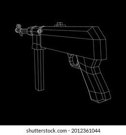 Subametralladora alemana MP 40 mundial 2 pistola de armas de fuego. Ilustración vectorial de malla baja de malla de malla de alambre.