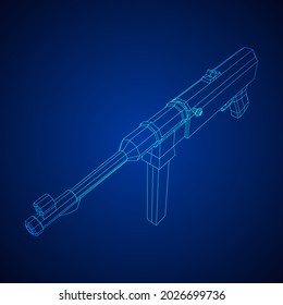 Submachine gun german MP 40 world war 2 firearms pistol. Wireframe low poly mesh vector illustration.